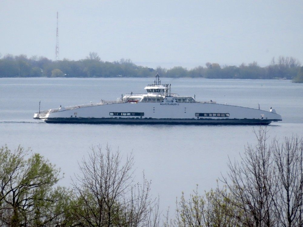 the wolfe islander iv ferry ventures out for a training cruise ahead of its return to service between wolfe island and kingston, ont. on tuesday, may 13, (elliot ferguson/the whig-standard/postmedia network)