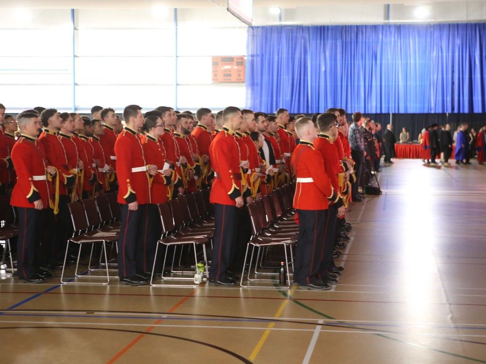  graduating officer cadets at the royal military college of canada take their places at their convocation ceremony in kingston, ont. on thursday, may 15, 2025.(elliot ferguson/the whig-standard/postmedia network)