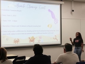 Kavea Pinnock from Hanna Memorial school in Sarnia pitches her Life Below Water idea to Enactus Lambton judges at Lambton College May 22, 2025, during the annual One Future competition.