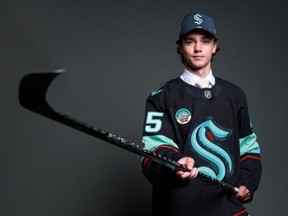 Jake O'Brien poses for a portrait after being drafted by the Seattle Kraken with the eighth overall pick during the first round of the 2025 Upper Deck NHL Draft at JW Marriott Los Angeles on June 27, 2025 in Los Angeles, California.