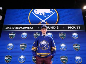 David Bedkowski poses after being drafted by the Buffalo Sabres with the 71st overall pick during rounds 2-7 of the 2025 Upper Deck NHL Draft at Peacock Theater on June 28, 2025 in Los Angeles, California. (Photo by Bruce Bennett/Getty Images)