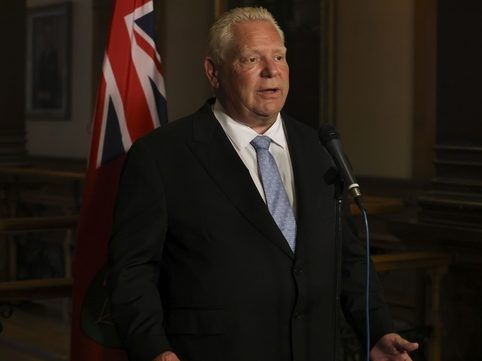 Ontario Premier Doug Ford speaks to media at Queen's Park on Monday July 28, 2025.