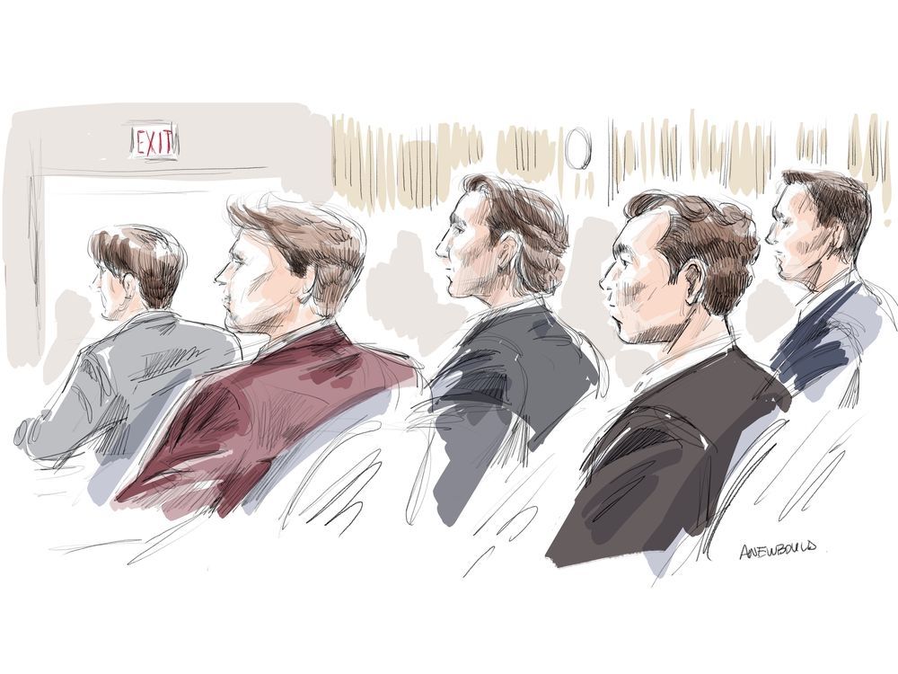 Michael McLeod, Carter Hart, Alexandar Formenton, Dillon Dubé and Callan Foote are shown in court in this courtroom sketch made in London, Ont., on Wednesday, April 23, 2025.