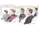 Michael McLeod, Carter Hart, Alexandar Formenton, Dillon Dubé and Callan Foote are shown in court in this courtroom sketch made in London, Ont., on Wednesday, April 23, 2025.