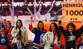 Burford's Adam Henrique has supporters on hand when he played in his 1,000th NHL game on Tuesday. Twitter @nhl