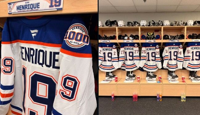 The Edmonton Oilers wore special Adam Henrique jerseys during their warmup on Tuesday as the Burford native skated in his 1,000th NHL game. Twitter @EdmontonOilers