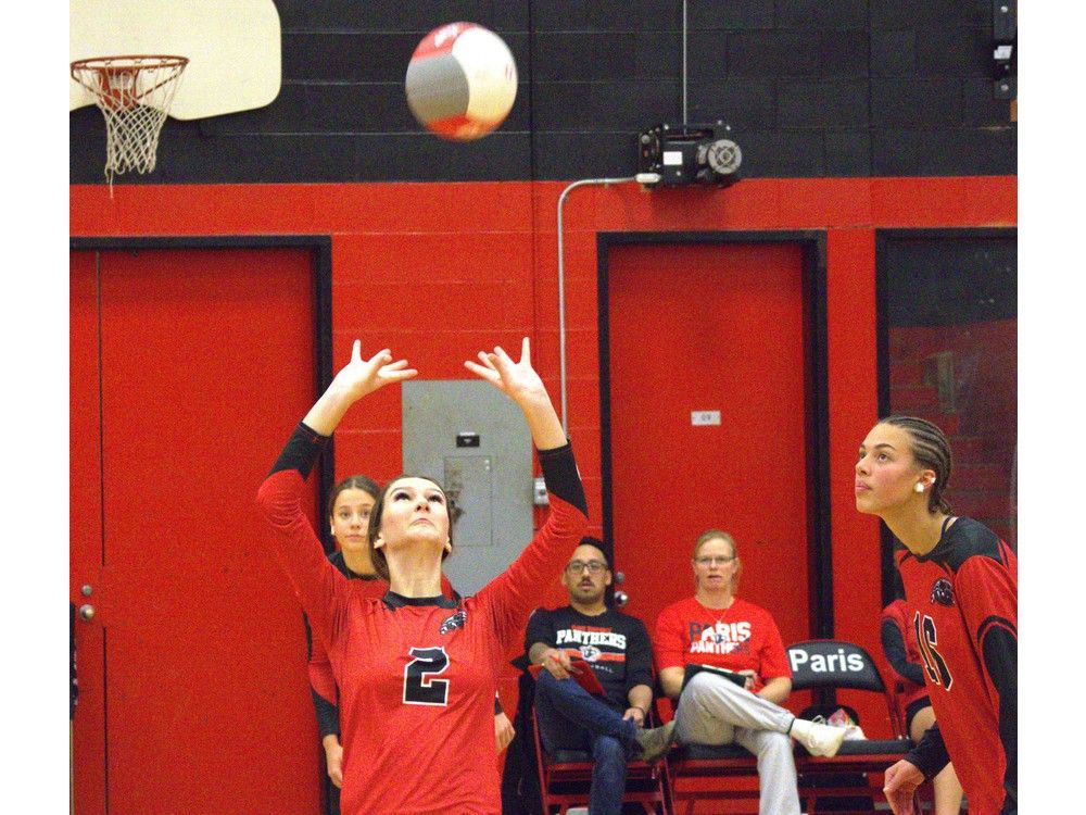 Paris District High School's Kayla Padusenko sets the ball against Pauline Johnson Collegiate on Tuesday at PDHS in AABHN senior girls volleyball action.
