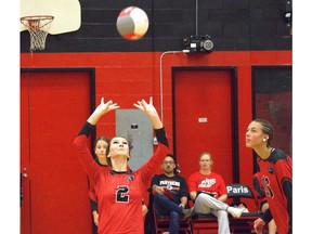 Paris District High School's Kayla Padusenko sets the ball against Pauline Johnson Collegiate on Tuesday at PDHS in AABHN senior girls volleyball action.