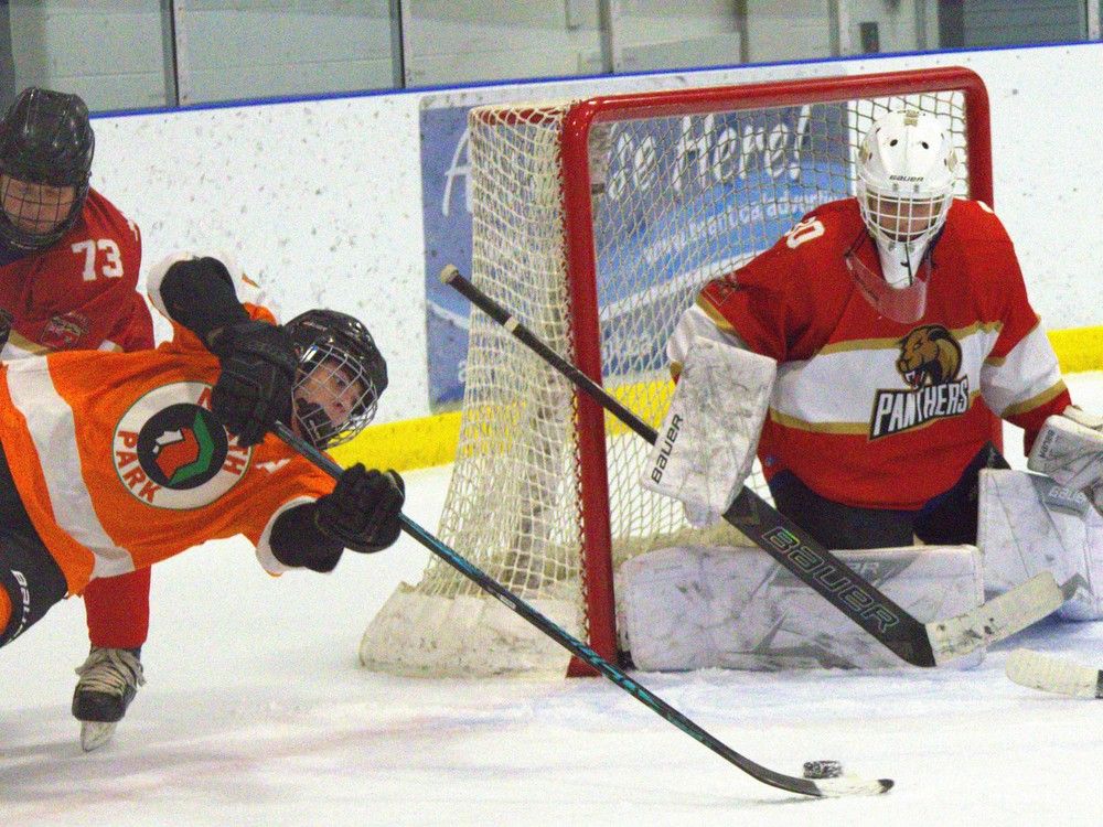 North Park Collegiate's Luc Savoie is taken down at the side of the net by Paris District High School's Keith McRuer as goaltender Ethan Sickle looks on during an AABHN boys hockey game at Brant Sports Complex on Monday, Dec. 15.