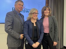Dr. John Dornan, Premier Susan Holt and Lise Babin, president of the New Brunswick Medical Society
