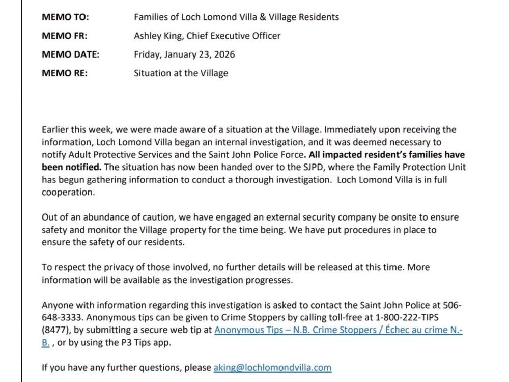  Families of Loch Lomond Villa and Village received this memo last Friday, alerting them of a “situation” now under investigation by Saint John police.