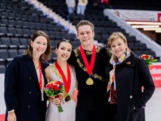 Alison Purkiss (left) and Nancy Lemaire (right) are the coaches for Canadian national figure skating pairs champions Lia Pereira and Trennt Michaud.