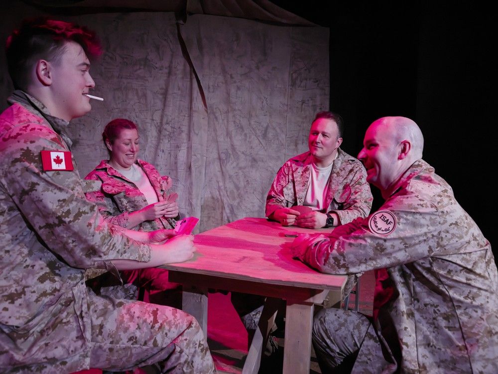 Mike Leoppky, Declan Hutcheon, Chelsea Thompson, and Alex D. Mackie will star in This is War, directed by Shawn Marshall at the Walterdale Theatre. Photo by Scott Henderson, Henderson Images.