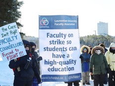 A Flying Pickets and Rally was held for striking Laurentian University Faculty Association members at an entrance to the university in Sudbury, Ont. on Friday January 23, 2026. Faculty association members from universities across Canada attended the rally. Representatives from OPSEU and the Steelworkers also participated in the event. John Lappa/Sudbury Star/Postmedia Network