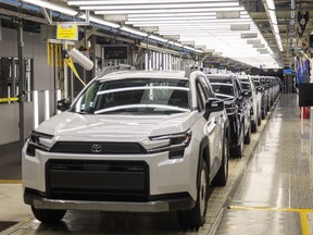 A row of new 2026 RAV4s awaits final inspection at Toyota’s assembly plant in Woodstock on Friday, Jan. 23, 2026. (Mike Hensen/The London Free Press)