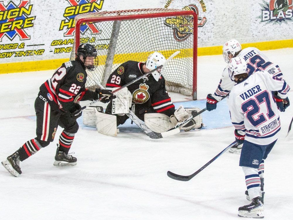 Sarnia Legionnaires goalie Zack Irvin faces a shot from Stratford Warriors’ Jonas Schmidt (22) at Pat Stapleton Arena in Sarnia, Ont., on Thursday, Jan. 22, 2026. (Shawna Lavoie Photography)