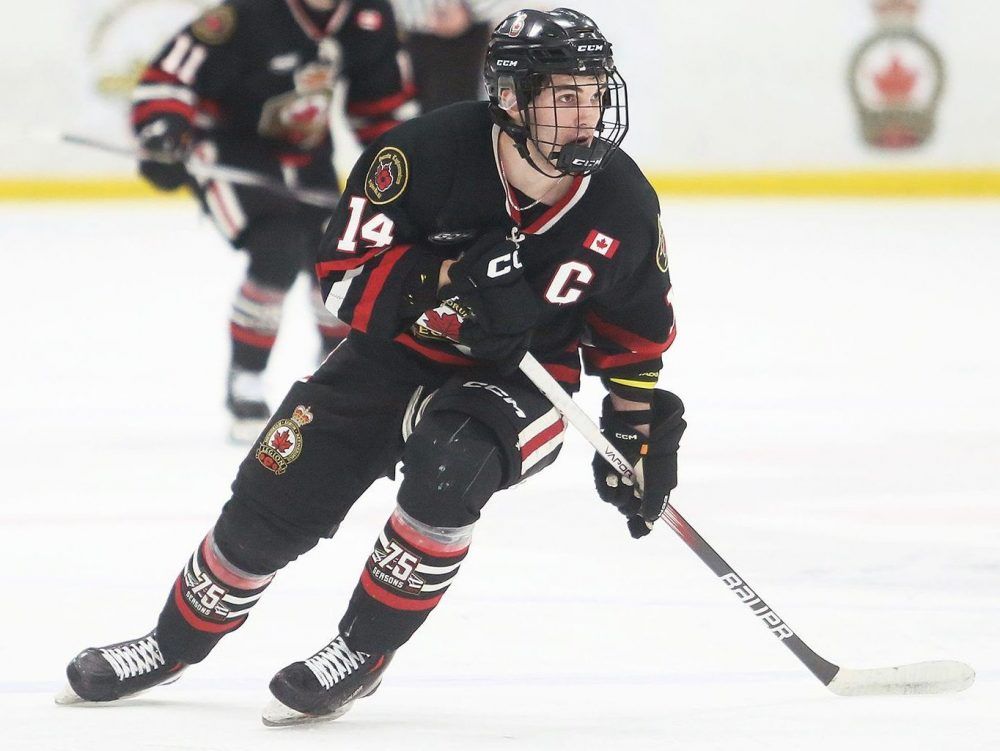  Sarnia Legionnaires captain Owen Hey (14) plays in their home finale. He rejoined the Legionnaires this season after last playing for them in 2022-23. (Mark Malone/Postmedia Network)