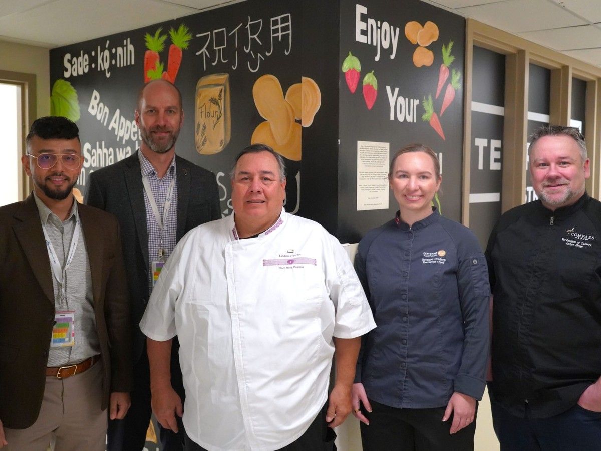 Those who helped identify ways to create patient meals inspired by local Indigenous communities include (left to right) Inder Mann, Manager of Nutrition Services at BCHS; Joe Belancic, Director of Procurement and Nutrition Services at BCHS; Chef Rick Powless from the Six Nations of the Grand River; Compass One Group including Executive Chef Breanne Coulton and Andrew Hodge, VP of Culinary Excellence.