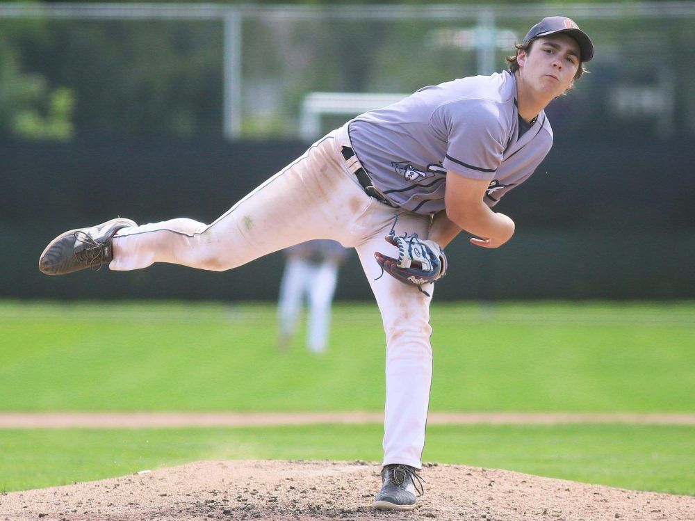 Ursuline Lancers' Dryden DeCook (8) pitches to the St. Anne Saints in the SWOSSAA baseball final at Fergie Jenkins Field at Rotary Park in Chatham, Ont., on Tuesday, May 26, 2026. Mark Malone/Chatham Daily News/Postmedia Network