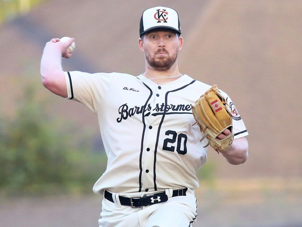 Chatham-Kent Barnstormers starter Dakota Parsons (20) throws a pickoff attempt to first base against the Hamilton Cardinals at Fergie Jenkins Field at Rotary Park in Chatham, Ont., on Saturday, June 20, 2026. Mark Malone/Chatham Daily News/Postmedia Network