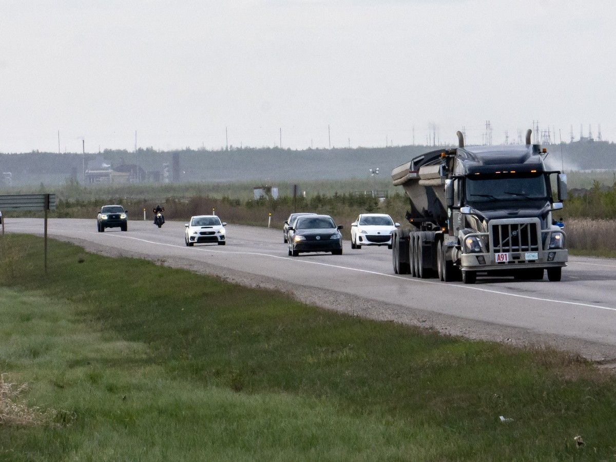 Traffic on Highway 63 north of Fort McMurray on May 17, 2025.