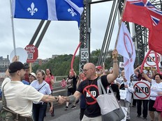 Opponents of the Alto high-speed rail project in Quebec and Ontario meet on the Alexandra Bridge before marching toward a rally on Parliament Hill on Wednesday June 10, 2026 in Ottawa, Ont.
