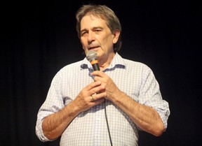Dr. William Crawford tells a packed cafeteria at Central Algoma Secondary School Wednesday evening that several hurdles must be cleared to even get a new hospital concept to the approval stage.