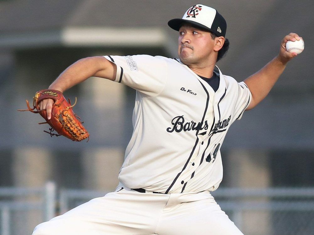 Chatham-Kent Barnstormers starter Yuri O'Connor-Yokoyama (14) pitches to the Kitchener Panthers at Fergie Jenkins Field at Rotary Park in Chatham, Ont., on Friday, July 10, 2026. Mark Malone/Chatham Daily News/Postmedia Network