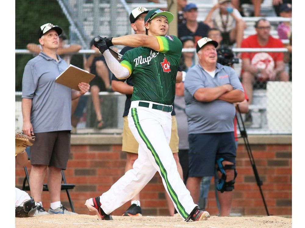 Chatham-Kent Barnstormers' Yushin Ohta competes in a semifinal of the Canadian Baseball League home run derby at Fergie Jenkins Field at Rotary Park in Chatham, Ont., on Saturday, July 11, 2026. Mark Malone/Chatham Daily News/Postmedia Network
