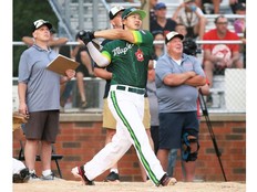 Chatham-Kent Barnstormers' Yushin Ohta competes in a semifinal of the Canadian Baseball League home run derby at Fergie Jenkins Field at Rotary Park in Chatham, Ont., on Saturday, July 11, 2026. Mark Malone/Chatham Daily News/Postmedia Network