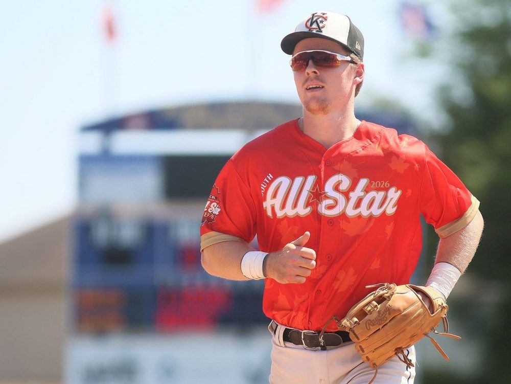 Team South's Austin Gurney plays in the Canadian Baseball League all-star game at Fergie Jenkins Field at Rotary Park in Chatham, Ont., on Sunday, July 12, 2026. Mark Malone/Chatham Daily News/Postmedia Network