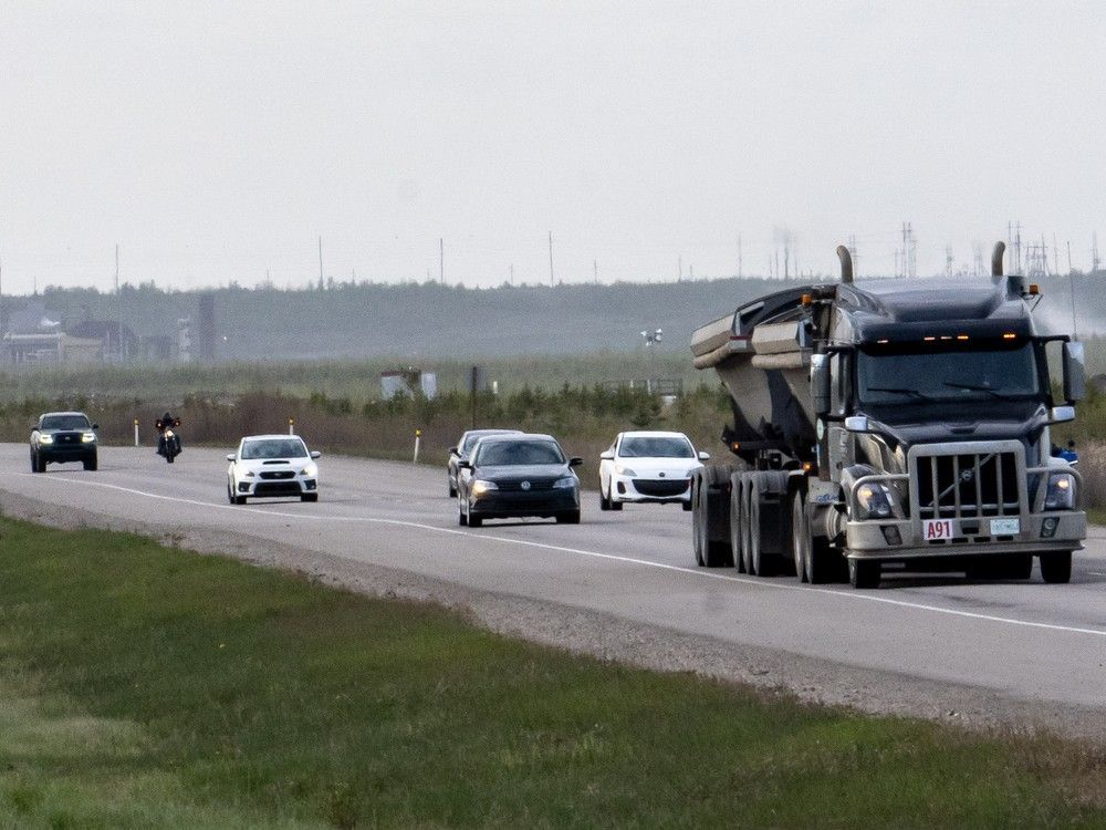 Traffic on Highway 63 north of Fort McMurray on May 17, 2025. Transportation of a pressure vessel used in natural gas processing will begin on Sunday, July 12 and last until Saturday, July 18. The convoy will be travelling from Edmonton to Fort McMurray at a speed of 50 km/h along Highway 63.