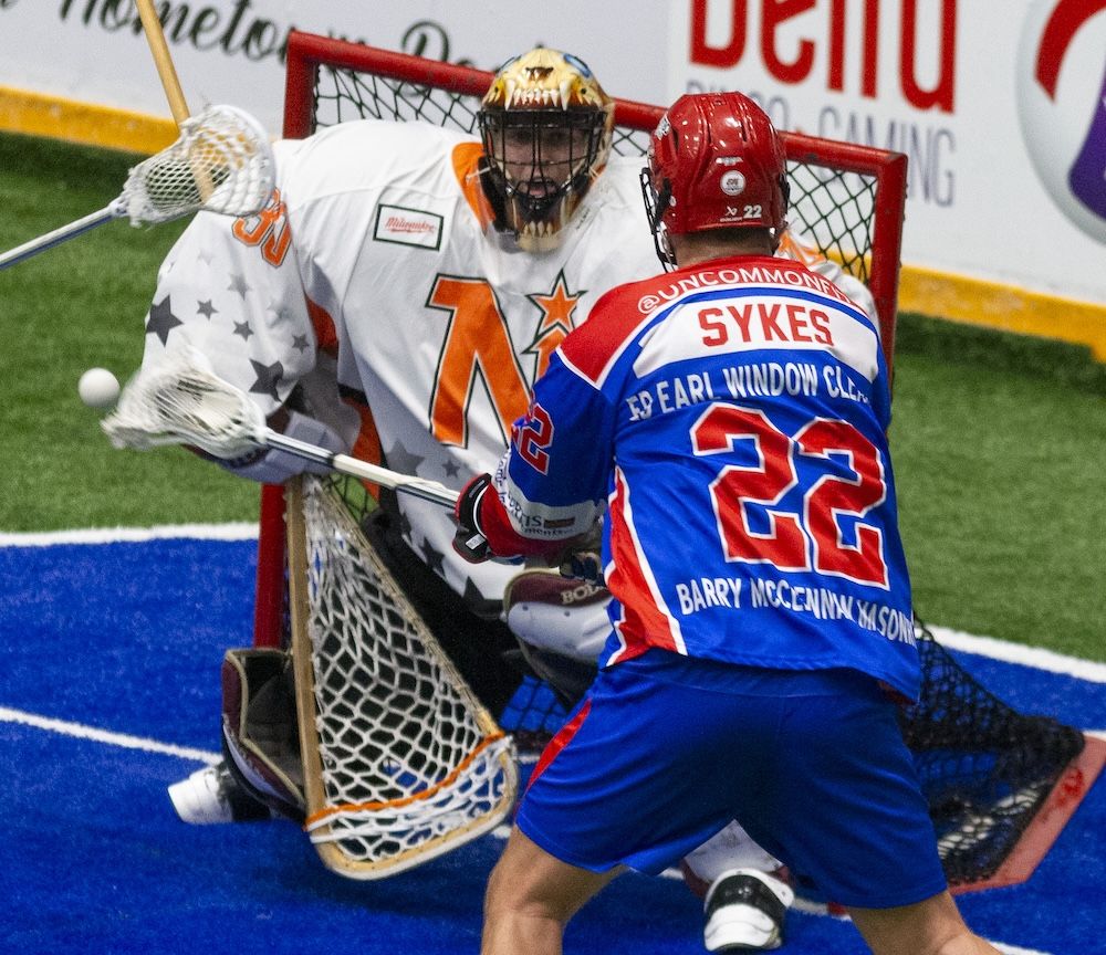 Peterborough Lakers’ Justin Sykes fires the ball on Owen Star North Stars’ goalie Andrew Kidd during MSL action at the Memorial Centre in Peterborough on Thursday July 9, 2026. CLIFFORD SKARSTEDT/ METROLAND