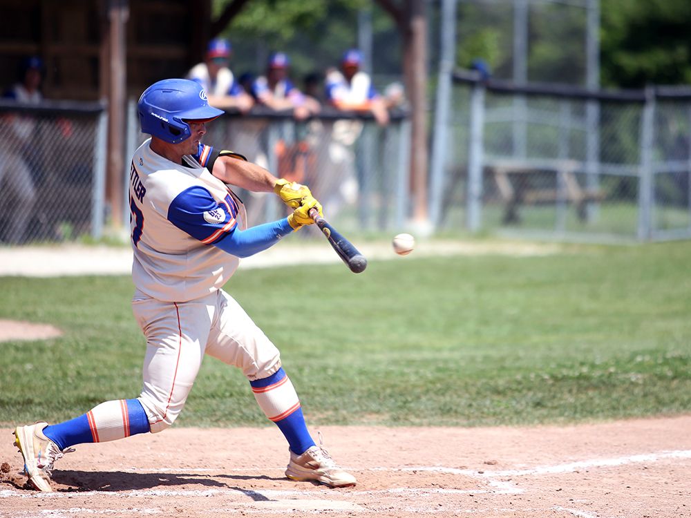 Kevin Zettler squares up the baseball for a single in the fourth inning as the Owen Sound Baysox beat the New Lowell Knights 3-2 at Tom Williams Park in Owen Sound on Saturday, July 11, 2026. Greg Cowan/The Sun Times