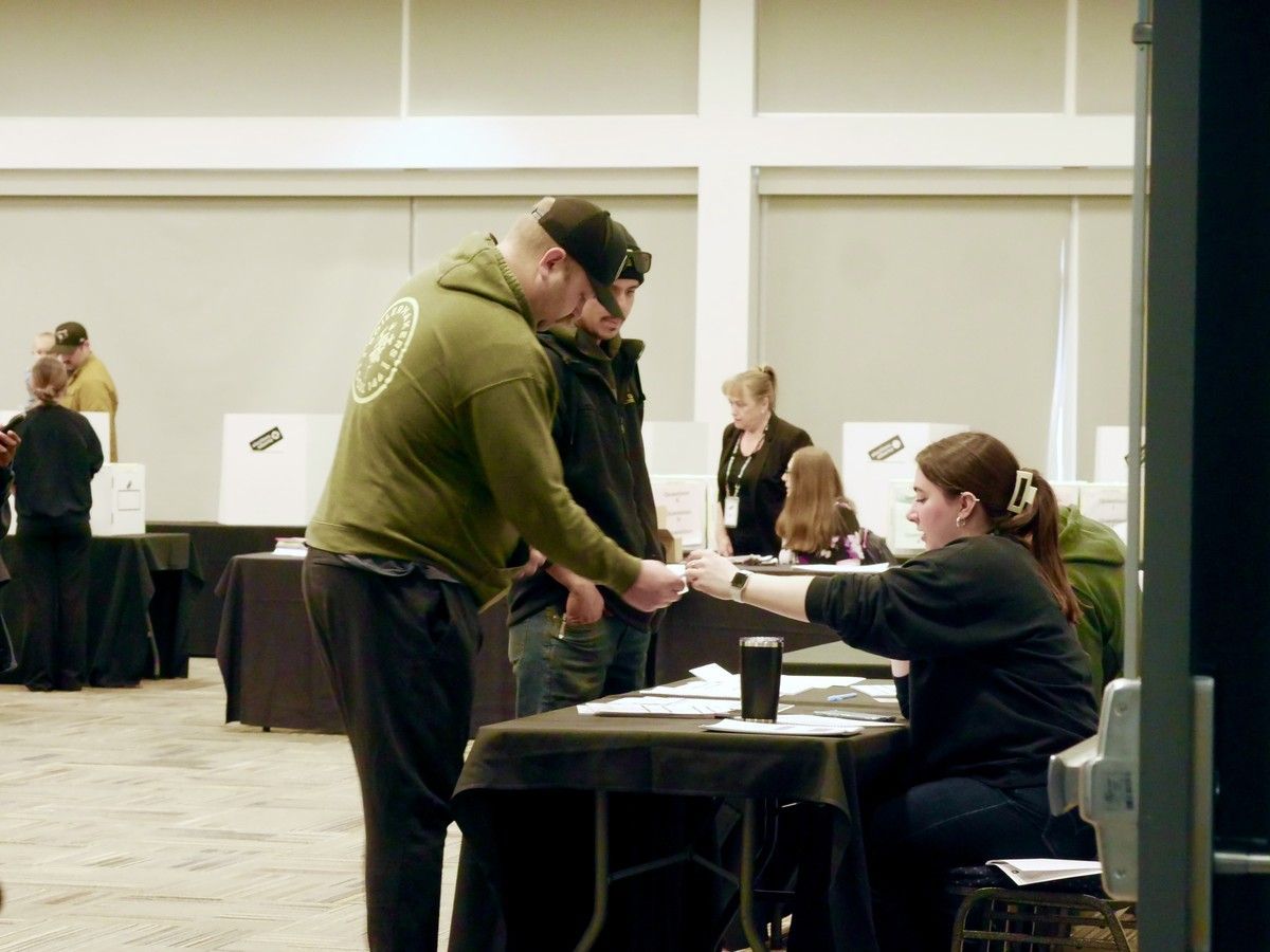 Voting has begun in Alberta's oilsands. Voters can be seen at the SMS Equipment Stadium, downtown Fort McMurray, Alta. Oct. 19, 2026.