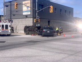 First responders at the scene of a two-vehicle collision, Monday morning, at the corner of Cassells Street and McIntyre Street W. Jennifer Hamilton-McCharles/The Nugget