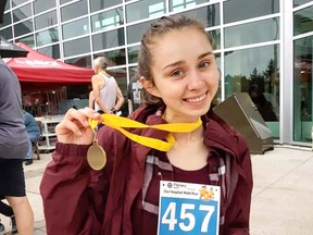 Seen here with her medal from the Our Hospital Walk/Run, Emily Womack won a peace medal this week from the YMCA of Northeastern Ontario.
Supplied Photo