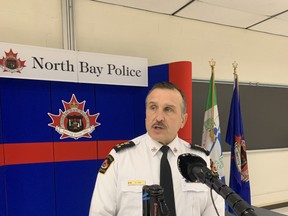 North Bay Police Chief Scott Tod talks to the local media about the 2020-2021 budget which will see the overall police budget increase by 3.22 per cent to $21.2 million. The budget will see the hiring of four additional police officers, a corporate communications officer, wellness program and additional technology for officers.