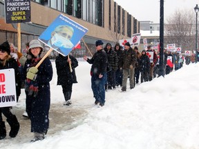 Protesters march in front of the North Bay Parry Sound District Health Unit office in North Bay Monday, frustrated and angry that the area is in lockdown.
PJ Wilson/The Nugget