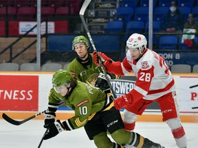 Michael Podolioukh of the host North Bay Battalion goes to the ice in front of Kalvyn Watson of the Sault Ste. Marie Greyhounds as the Troops' Brandon Coe watches in Ontario Hockey League action Thursday night. The teams are back at it Friday night.
Tom Martineau Photo