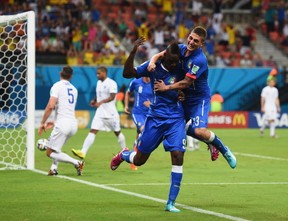 Mario Balotelli of Italy and Marco Verratti celebrate after the second goal.  (Photo by Christopher Lee/Getty Images)