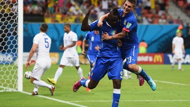 Mario Balotelli of Italy and Marco Verratti celebrate after the second goal.  (Photo by Christopher Lee/Getty Images)