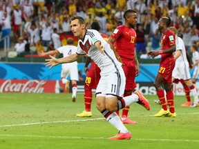 FORTALEZA, BRAZIL - JUNE 21:  Miroslav Klose of Germany celebrates scoring his team's second goal during the 2014 FIFA World Cup Brazil Group G match between Germany and Ghana at Castelao on June 21, 2014 in Fortaleza, Brazil.  (Photo by Martin Rose/Getty Images)