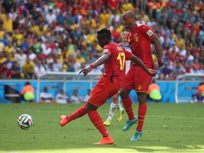 RIO DE JANEIRO, BRAZIL - JUNE 22: Divock Origi of Belgium scores his team's first goal during the 2014 FIFA World Cup Brazil Group H match between Belgium and Russia at Maracana on June 22, 2014 in Rio de Janeiro, Brazil.  (Photo by Julian Finney/Getty Images)