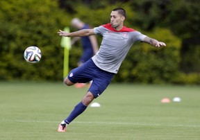 Clint Dempsey works out during a training session in Sao Paulo, Brazil June 28, 2014. The U.S. will play against Belgium on July 1, in the round 16 of the 2014 soccer World Cup. (Julio Cortez/AP)