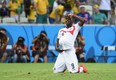 Joel Campbell of Costa Rica celebrates scoring his team's first goal with the ball.  (Photo by Laurence Griffiths/Getty Images)