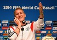 Bastian Schweinsteiger of Germany shares a joke with the media during a press conference ahead of the World Cup final at the Maracana on July 12, 2014 in Rio de Janeiro, Brazil.  (Laurence Griffiths/Getty Images)