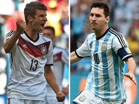 Germany's forward Thomas Mueller (left) and Argentina's forward and captain Lionel Messi (r). (AFP/Getty Images)