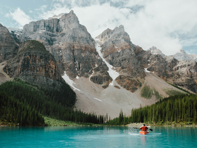 The picture-perfect Moraine Lake in the Canadian Rockies.