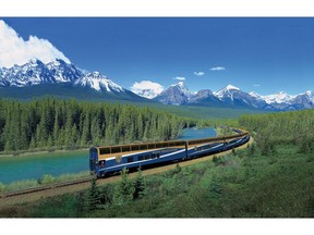 The Rocky Mountaineer cuts through the Rocky Mountains